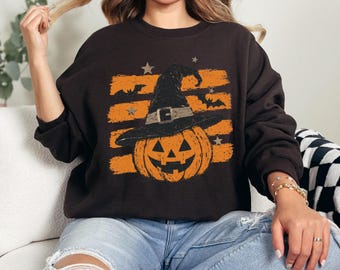 Pumpkin Witch Hat Sweatshirt, Retro Halloween Crewneck, Vintage Distressed Pumpkin Shirt, Spooky Season Sweater, Fall Halloween Gift Idea