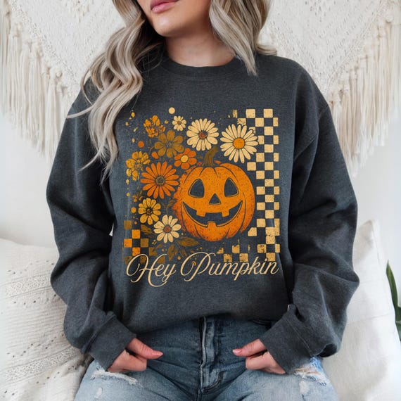 Hey Pumpkin Sweatshirt, Floral Pumpkin Sweatshirt, Checkered Halloween Sweater, Retro Autumn Flowers Sweatshirt, Pumpkin Season Sweatshirt