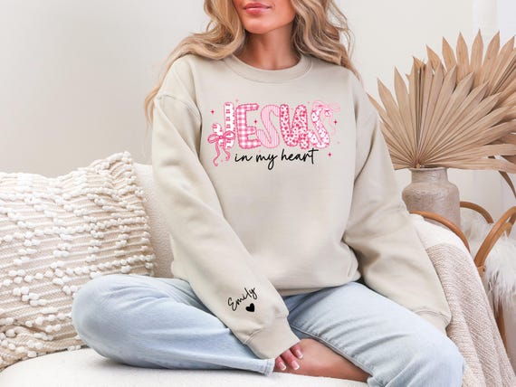 Personalized “Jesus in My Heart” Sweatshirt, Christian Sweater with Name on the Sleeve