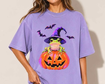 Cute Frog Witch Halloween Shirt, Frog Lover Comfort Colors Tee, Funny Frog Pumpkin Halloween Shirt, Cottagecore Frog Witch T-Shirt