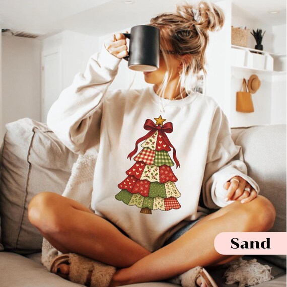Patchwork Christmas Tree Sweatshirt, Christmas Tree Bow Shirt, Christmas Sweatshirt for Women, Christmas Coquette Christmas Shirt