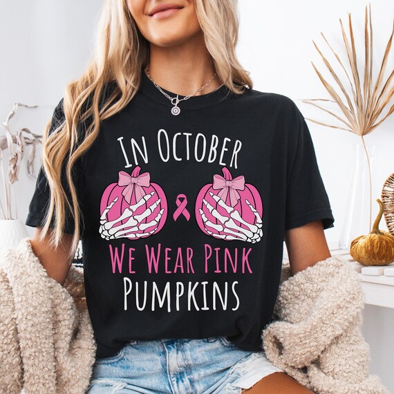 Comfort Colors® In October We Wear Pink Pumpkins Shirt, Breast Cancer Awareness Halloween Tee, Pink Ribbon Pumpkin Shirt, Funny Fall Tee