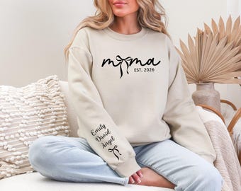 Personalized Bow Mom Sweatshirt, Custom Mama Sweatshirt with Child’s Name on Sleeve, Mother’s Day Gift for Mom
