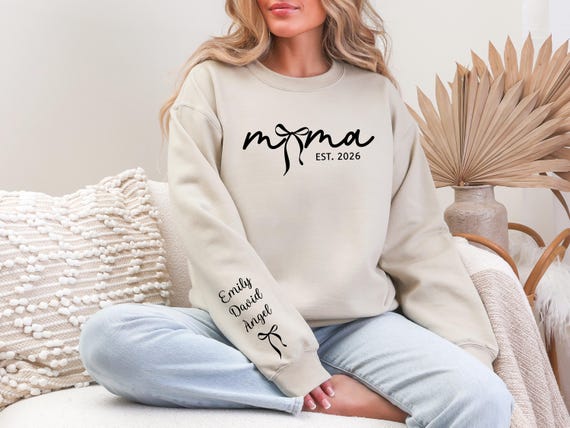 Personalized Bow Mom Sweatshirt, Custom Mama Sweatshirt with Child's Name on Sleeve, Mother's Day Gift for Mom