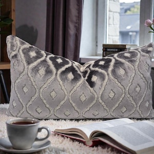 Taupe Velvet Lumbar Pillow Cover, Geometric Upholstery Fabric (12 x 22 in)