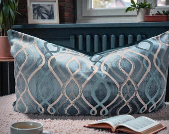 Teal Velvet Lumbar Pillow Cover, Geometric Upholstery Fabric (14 x 24 in)