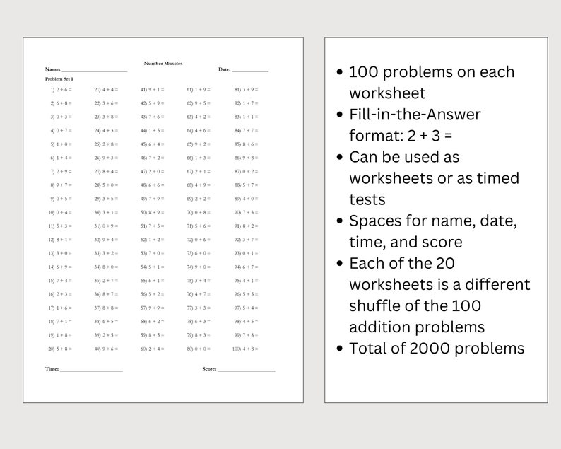 20 Addition Instant Download Printable Worksheets, First Grade ...