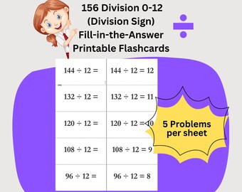 156 Division Flashcards, Printable, Instant Download, Third Grade Elementary Math, Division Sign