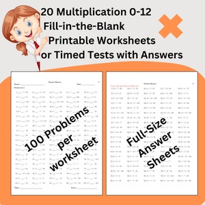 May include: Two printable worksheets for multiplication practice. The worksheets feature 100 multiplication problems per sheet, covering numbers 0-12. The worksheets are designed for fill-in-the-blank practice or timed tests. The image also includes full-size answer sheets.