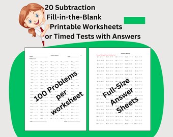 20 Subtraction Instant Download Printable Worksheets, First Grade Elementary Math Timed Tests, Fill-in-the-Blank Problems