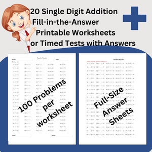 20 Zusatz Sofort Download druckbare Arbeitsblätter, Erste Klasse Elementary Math Timed Tests