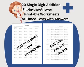 20 Addition Instant Download Printable Worksheets, First Grade Elementary Math Timed Tests