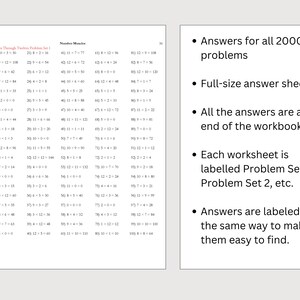 May include: A black and white page with a list of math problems. The problems are labeled "Number Master" and "Zeros Through Tens Times Tables Problem Set 1". The page also includes a list of answers for all 2000 problems, full-size answer sheets, and information about where to find the answers in the workbook.