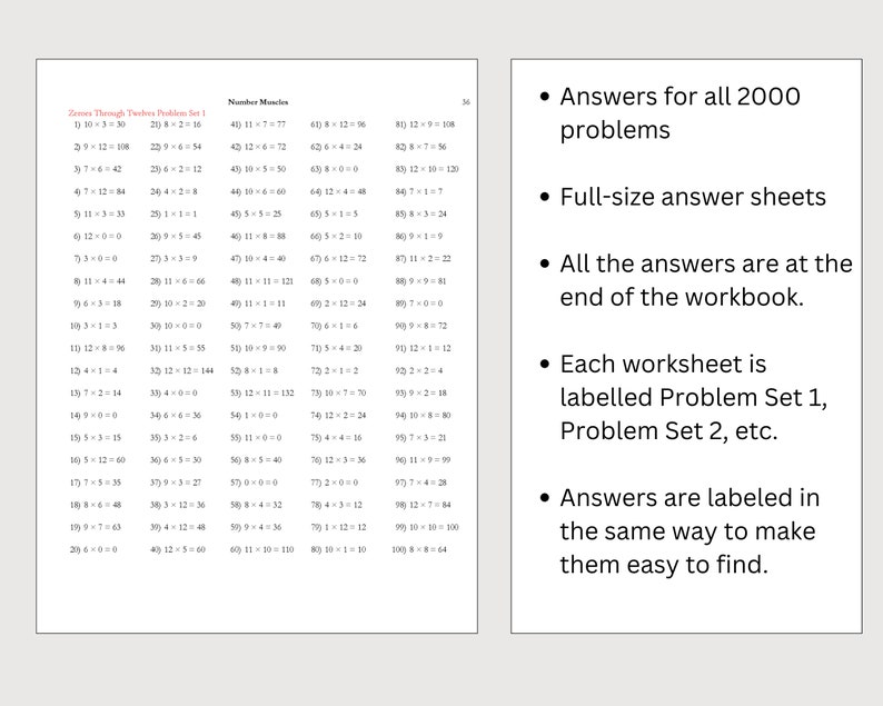 May include: A black and white page with a list of math problems. The problems are labeled "Number Master" and "Zeros Through Tens Times Tables Problem Set 1". The page also includes a list of answers for all 2000 problems, full-size answer sheets, and information about where to find the answers in the workbook.