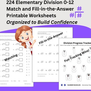 224 Division Worksheets, Instant Download Math Printable, Third Grade Elementary Math, Long Division Format