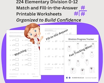 224 Division Worksheets, Instant Download Math Printable, Third Grade Elementary Math, Long Division Format