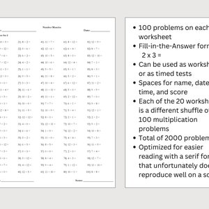 May include: A black and white worksheet with 100 multiplication problems. The worksheet is designed for students to practice their multiplication skills. The worksheet includes spaces for the student's name, date, time, and score. The worksheet is part of a set of 20 worksheets, each with a different shuffle of the 100 multiplication problems.