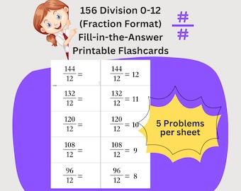 156 Division Flashcards, Printable, Instant Download, Third Grade Elementary Math, Fraction Format