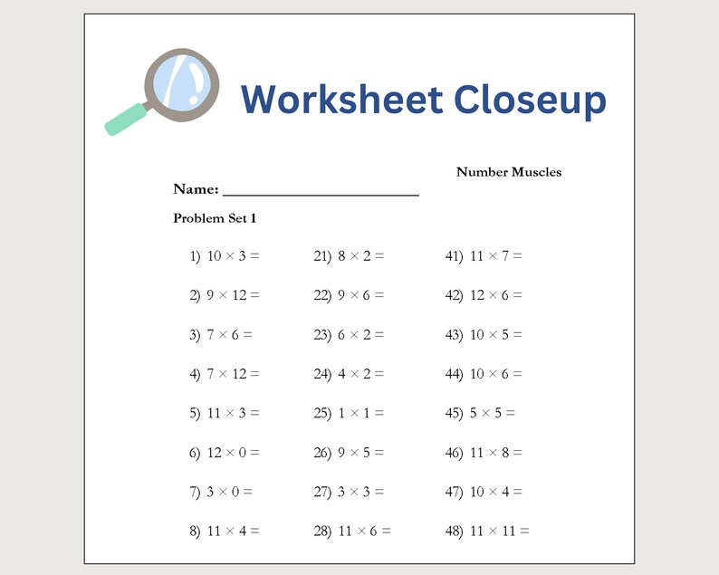 May include: A worksheet with the title "Worksheet Closeup" and the text "Number Muscles". The worksheet contains a series of multiplication problems, numbered 1 through 48. Each problem is presented in the format "number x number = ".