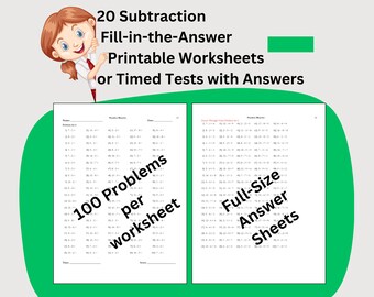 20 Subtraction Instant Download Printable Worksheets, First Grade Elementary Math Timed Tests