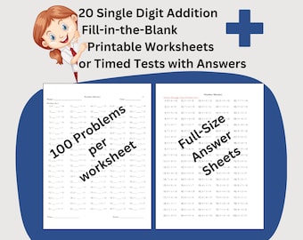 20 Addition Instant Download Printable Worksheets, First Grade Elementary Math Timed Tests, Fill-in-the-Blank Problems