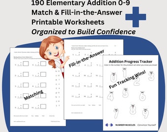 190 Addition Worksheets, Instant Download Math Printable, First Grade Elementary Math Workbook, Vertical Format