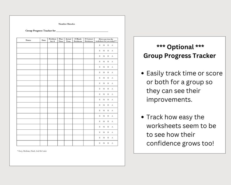 May include: A black and white printable chart titled "Group Progress Tracker" with instructions for tracking time, score, or both for a group. The chart includes columns for name, date, problem set, planned time, actual time, blank problems, correct problems, and how easy the worksheet was.