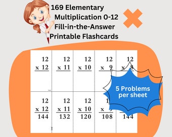 169 Multiplication Flashcards, Printable, Instant Download, Second Grade Elementary Math, Vertical Format