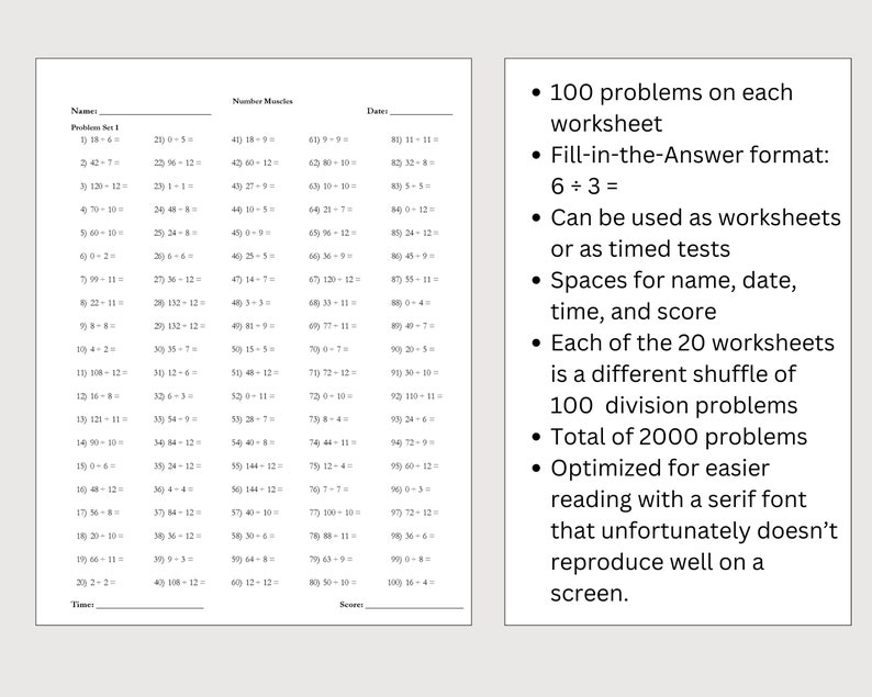 20 Division Instant Download Printable Worksheets, Third Grade Math