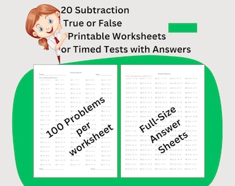 20 Subtraction Instant Download Printable Worksheets, First Grade Elementary Math Timed Tests, True or False Problems