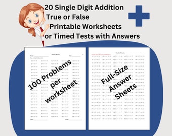 20 Addition Instant Download Printable Worksheets, First Grade Elementary Math Timed Tests, True or False Problems