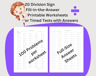 20 Division Instant Download Printable Worksheets, Third Grade Math Timed Tests, Division Sign Problems