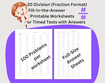 20 Division Instant Download Printable Worksheets, Third Grade Elementary Math Timed Tests, Division Fraction Format Problems