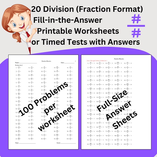 20 Division Instant Download Printable Worksheets, Third Grade Elementary Math Timed Tests, Division Fraction Format Problems