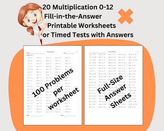 20 Multiplikations-Sofort-Download druckbare Arbeitsblätter, dritte Klasse Grundlegende Mathe-Zeitmessungen
