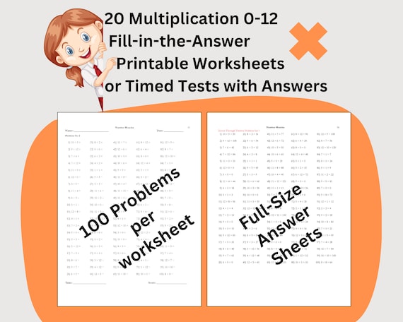 20 Multiplication Instant Download Printable Worksheets, Third Grade Elementary Math Timed Tests