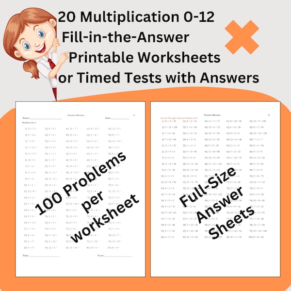 20 hojas de trabajo imprimibles de descarga instantánea de multiplicación, pruebas cronometradas de matemáticas de primaria de tercer grado