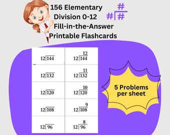 156 Division Flashcards, Printable, Instant Download, Third Grade Elementary Math, Long Division Format