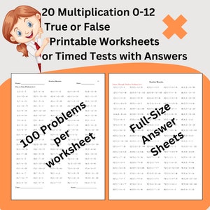 Puede incluir: Una hoja de trabajo imprimible para practicar la multiplicación. La hoja de trabajo presenta 100 problemas de multiplicación por hoja, con un personaje de dibujos animados en la parte superior. El texto "20 Multiplicación 0-12 Verdadero o Falso Hojas de trabajo imprimibles o Pruebas cronometradas con respuestas" está en la parte superior de la hoja de trabajo. El texto "100 Problemas por hoja" está en el medio de la hoja de trabajo. El texto "Hojas de respuestas de tamaño completo" está en el lado derecho de la hoja de trabajo.