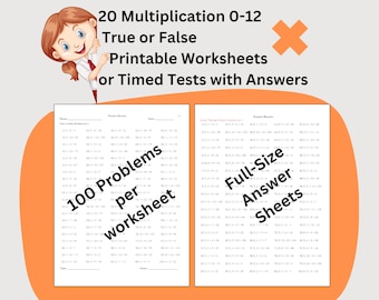20 Multiplication Instant Download Printable Worksheets, Third Grade Elementary Math Timed Tests, True or False Problems