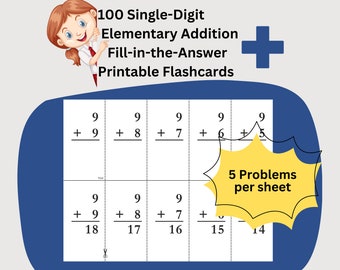100 Addition Flashcards, Instant Download Math Printable, First Grade Elementary Math, Vertical Format