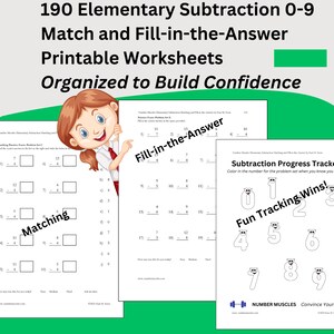 Puede incluir: Tres hojas de trabajo imprimibles para estudiantes de primaria para practicar la resta. Las hojas de trabajo presentan una sección de "Coincidencia", una sección de "Completar la respuesta" y un "Seguimiento del progreso de la resta" con un divertido tema de seguimiento de las victorias. Las hojas de trabajo están organizadas para generar confianza en las habilidades de resta.