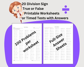 20 Division Instant Download Printable Worksheets, Third Grade Elementary Math Timed Tests, Division Sign Problems, True or False Problems