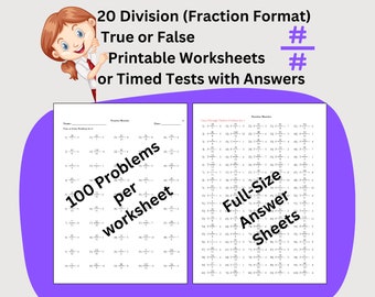 20 Division Instant Download Printable Worksheets, First Grade Elementary Math Timed Tests, True or False Problems using the Fraction Format