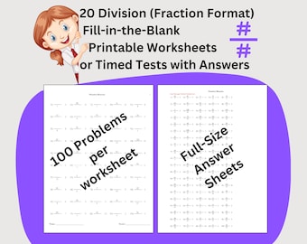 20 Division Instant Download Printable Worksheets, Third Grade Math Timed Tests, Fill-in-the-Blank Problems using the Fraction Format