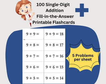 100 Addition Flashcards, Printable, Instant Download, First Grade Elementary Math, Horizontal Format