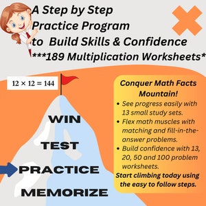 May include: A colorful illustration of a mountain with a red flag at the peak. The mountain represents conquering math facts. The illustration includes the text "Conquer Math Facts Mountain!" and a list of steps to help learn math facts: "See progress easily with 13 small study sets.", "Flex math muscles with matching and fill-in-the-answer problems.", "Build confidence with 13, 20, 50 and 100 problem worksheets.", "Start climbing today using the easy to follow steps."