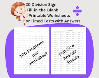 20 Division Instant Download Printable Worksheets, Third Grade Math Timed Tests, Division Sign Problems, Fill-in-the-Blank Problems