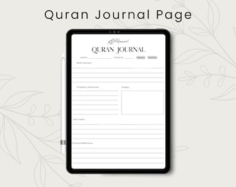 May include: A digital planner template for journaling about the Quran. The template includes sections for the Surah, Verse, Makkan/Madinan, Brief Summary, Prophets Mentioned, Imagery, Tafsir Notes, and Personal Reflections.