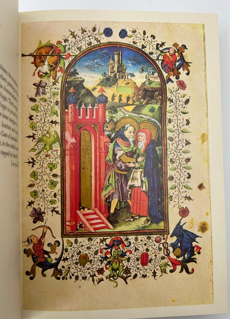 May include: A detailed illustration from a medieval manuscript. The image features a central scene of two figures in religious garb, framed by an ornate border with floral and mythical creature motifs. A castle is visible in the background.